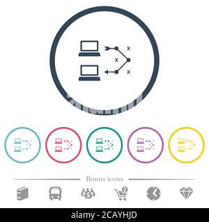 Traceroute remote computer flat color icons in round outlines. 6 bonus icons included. Stock Vector
