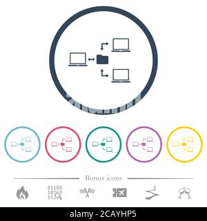 Network file system flat color icons in round outlines. 6 bonus icons included. Stock Vector