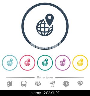 GPS location with globe symbol flat color icons in round outlines. 6 bonus icons included. Stock Vector