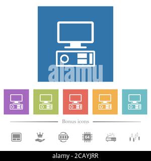 Old personal computer flat white icons in square backgrounds. 6 bonus icons included. Stock Vector