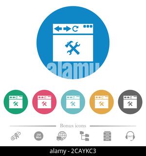 Browser tools flat white icons on round color backgrounds. 6 bonus icons included. Stock Vector
