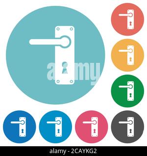 Left handed door handle with screws flat white icons on round color backgrounds Stock Vector