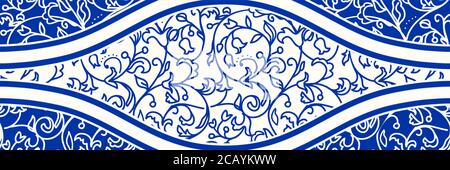 Majolica pottery tile, blue and white azulejo, original traditional Portuguese and Spain decor. Seamless border with Victorian motives. Stock Vector