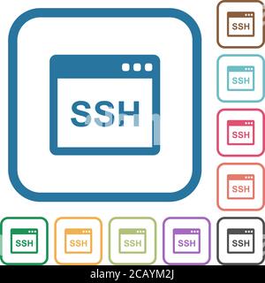SSH client application simple icons in color rounded square frames on white background Stock Vector