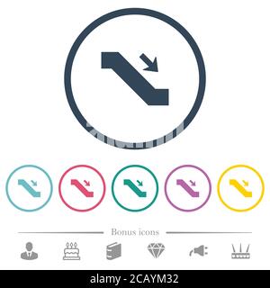 Escalator down sign flat color icons in round outlines. 6 bonus icons included. Stock Vector