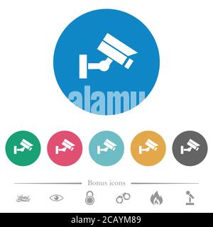 Security camera flat white icons on round color backgrounds. 6 bonus icons included. Stock Vector