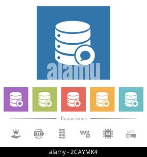 Database messages flat white icons in square backgrounds. 6 bonus icons included. Stock Vector
