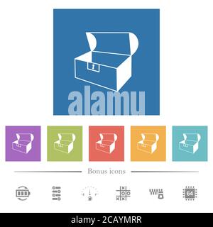 Empty open coffer flat white icons in square backgrounds. 6 bonus icons included. Stock Vector