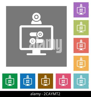 Webcam tweaking flat icons on simple color square backgrounds Stock Vector