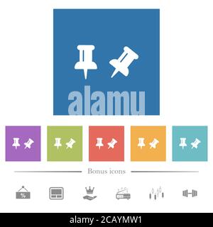 Toggle pin flat white icons in square backgrounds. 6 bonus icons included. Stock Vector