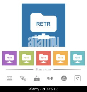 FTP retrieve file flat white icons in square backgrounds. 6 bonus icons included. Stock Vector