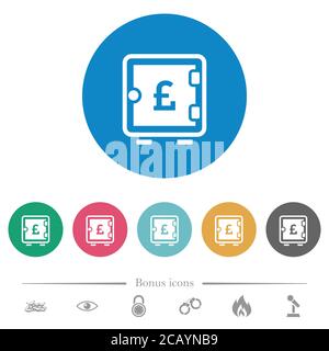 Pound strong box flat white icons on round color backgrounds. 6 bonus icons included. Stock Vector