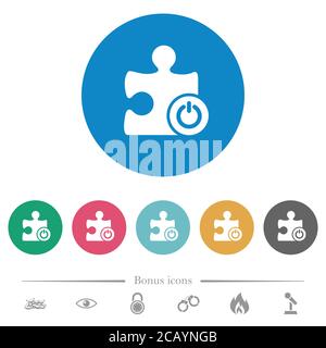 Switch on off plugin flat white icons on round color backgrounds. 6 bonus icons included. Stock Vector