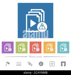 Playlist warning flat white icons in square backgrounds. 6 bonus icons included. Stock Vector