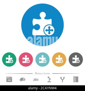 Move plugin flat white icons on round color backgrounds. 6 bonus icons included. Stock Vector