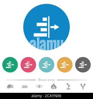Decrease right indentation of content flat white icons on round color backgrounds. 6 bonus icons included. Stock Vector