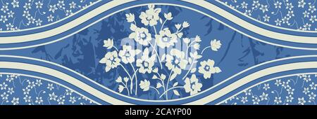 Majolica pottery tile, blue and white azulejo, original traditional Portuguese and Spain decor. Seamless border with Victorian motives. Stock Vector