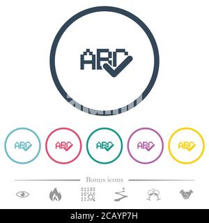 Spell check flat color icons in round outlines. 6 bonus icons included. Stock Vector