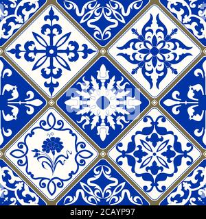 Seamless patchwork tile with Victorian motives. Majolica pottery tile, blue and white azulejo, original traditional Portuguese and Spain decor.Vector. Stock Vector