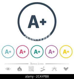 Increase font size flat color icons in round outlines. 6 bonus icons included. Stock Vector