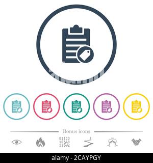 Note tagging flat color icons in round outlines. 6 bonus icons included. Stock Vector