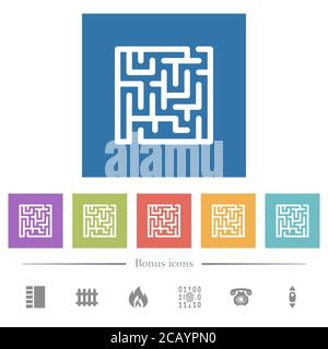 Labyrinth flat white icons in square backgrounds. 6 bonus icons included. Stock Vector