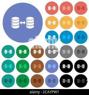 Syncronize databases multi colored flat icons on round backgrounds. Included white, light and dark icon variations for hover and active status effects Stock Vector