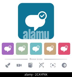 Message sent white flat icons on color rounded square backgrounds. 6 bonus icons included Stock Vector
