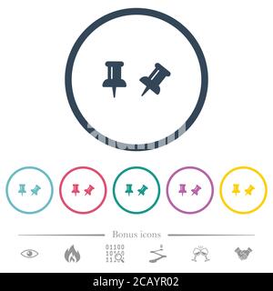 Toggle pin flat color icons in round outlines. 6 bonus icons included. Stock Vector