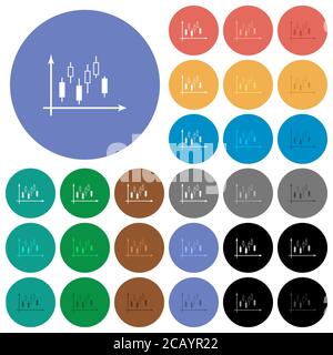 Candlestick graph with axes multi colored flat icons on round backgrounds. Included white, light and dark icon variations for hover and active status Stock Vector