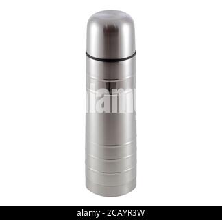 Stainless steel thermos stand isolated on a white background. It can be used for hot tea or coffee. Stock Photo