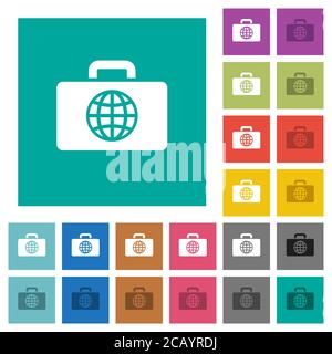 Travel bag multi colored flat icons on plain square backgrounds. Included white and darker icon variations for hover or active effects. Stock Vector