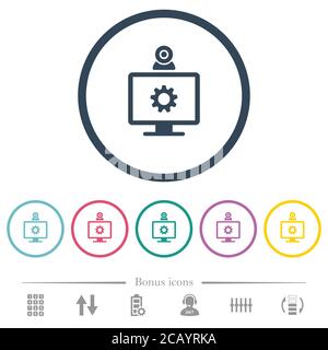 Webcam settings flat color icons in round outlines. 6 bonus icons included. Stock Vector