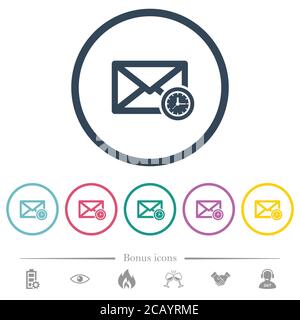 Queued mail flat color icons in round outlines. 6 bonus icons included. Stock Vector
