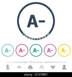 Decrease font size flat color icons in round outlines. 6 bonus icons included. Stock Vector
