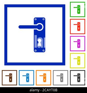 Left handed door handle with screws flat color icons in square frames on white background Stock Vector