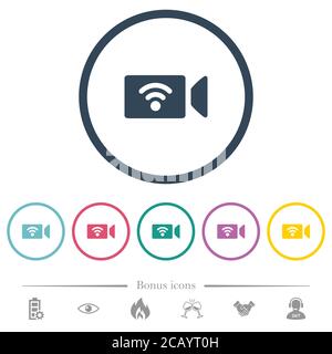 Wireless camera flat color icons in round outlines. 6 bonus icons included. Stock Vector