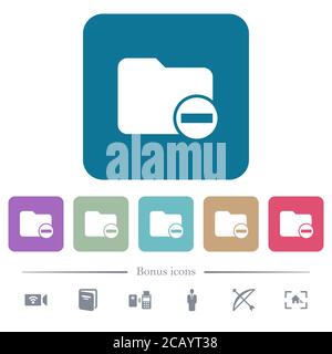 Remove directory white flat icons on color rounded square backgrounds. 6 bonus icons included Stock Vector