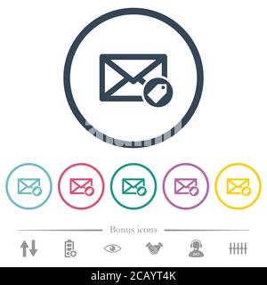 Tagging mail flat color icons in round outlines. 6 bonus icons included. Stock Vector