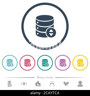 Adjust database value flat color icons in round outlines. 6 bonus icons included. Stock Vector