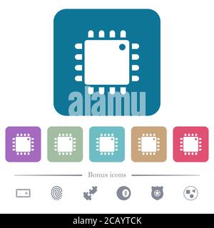 Computer processor white flat icons on color rounded square backgrounds. 6 bonus icons included Stock Vector