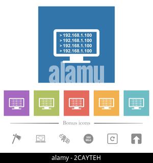Ping remote computer flat white icons in square backgrounds. 6 bonus icons included. Stock Vector