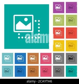 Drag image to top left multi colored flat icons on plain square backgrounds. Included white and darker icon variations for hover or active effects. Stock Vector