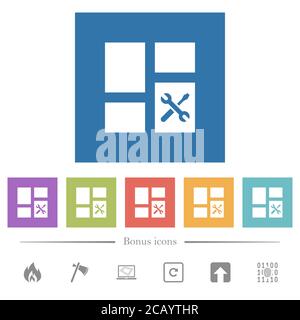 Dashboard tools flat white icons in square backgrounds. 6 bonus icons included. Stock Vector