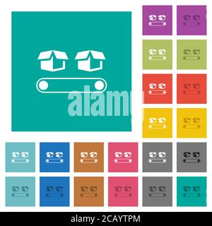 Conveyor with boxes multi colored flat icons on plain square backgrounds. Included white and darker icon variations for hover or active effects. Stock Vector