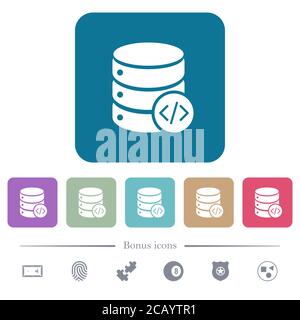 Database programming white flat icons on color rounded square backgrounds. 6 bonus icons included Stock Vector