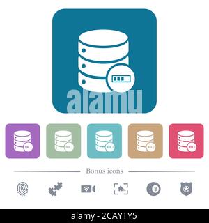 Database processing white flat icons on color rounded square backgrounds. 6 bonus icons included Stock Vector
