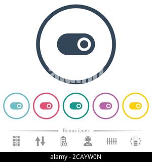 Single horizontal toggle flat color icons in round outlines. 6 bonus icons included. Stock Vector