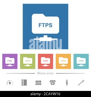 FTP over ssl flat white icons in square backgrounds. 6 bonus icons included. Stock Vector