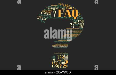 Tag cloud in the shape of a question mark regarding FAQ, frequently asked questions Stock Photo